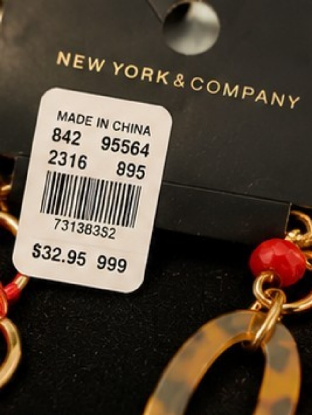 New York & Company NWT Long Gold Tone Tortoiseshell Necklace Red Bead Statement - Picture 5 of 9